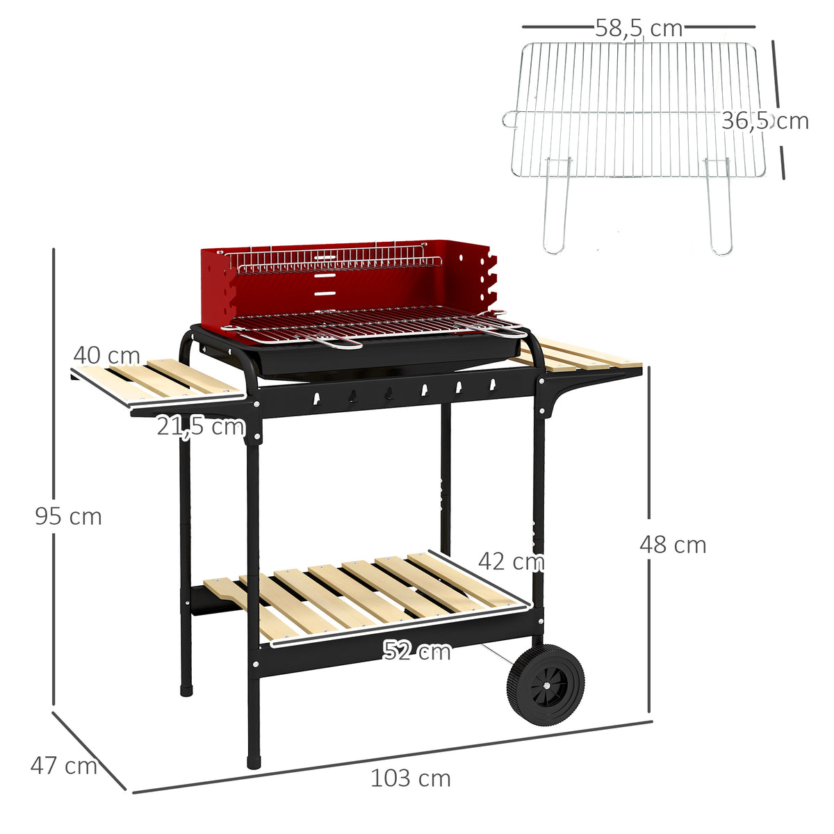 Outsunny Barbacoa De Carbón Con Ruedas Parrilla Ajustable En Altura Rojo_2