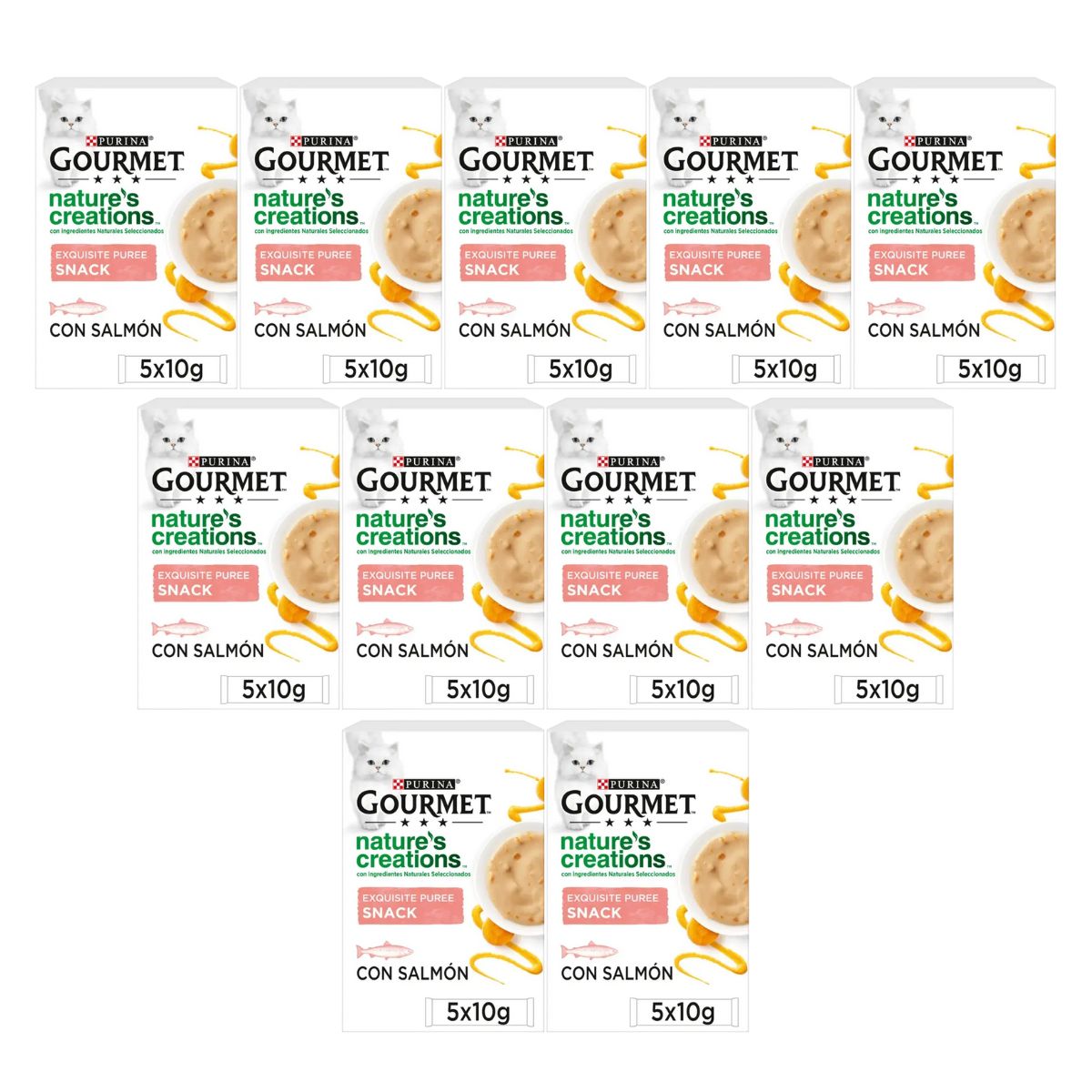 Pack 11 x GOURMET Nature's Creations Exquisito Puré Snack Liquido con Salmón y Zanahoria 5x10g