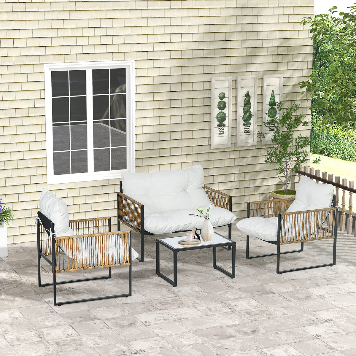 Outsunny Conjunto De Jardín Exterior De Ratán Sintético De 4 Piezas Crema_1