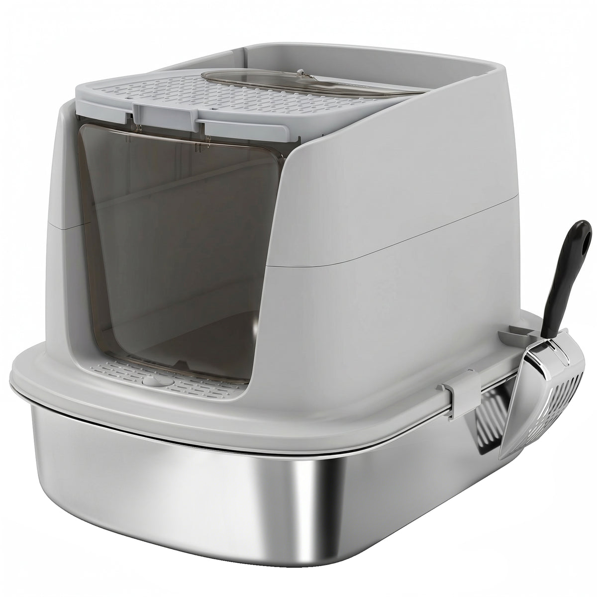 Pawhut Arenero Para Gatos De Acero Inoxidable L Con Tapa Abatible Gris Claro_1