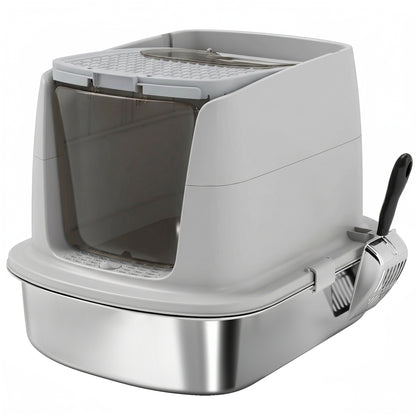 Pawhut Arenero Para Gatos De Acero Inoxidable L Con Tapa Abatible Gris Claro_1