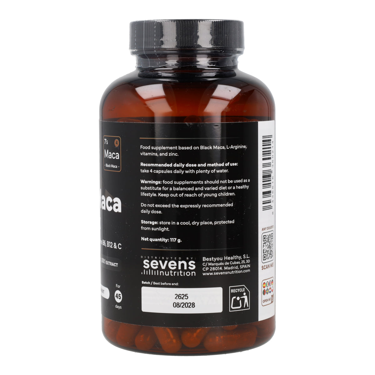 Maca Negra con L Arginina Zinc y Vitaminas B6 B12 y C Sevens Nutrition 180 cápsulas