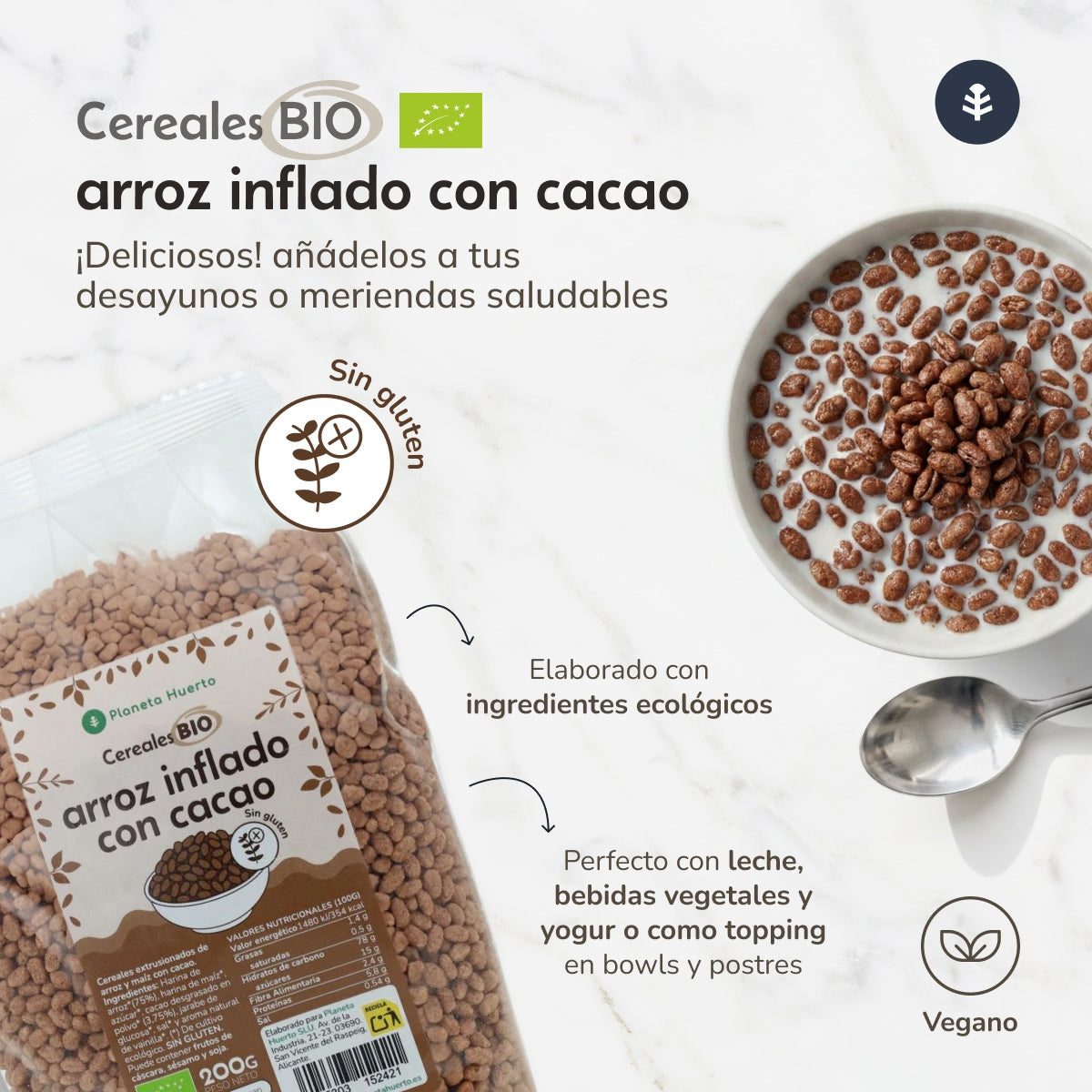 Arroz inflado con cacao Sin Gluten ECO Planeta Huerto 200 g