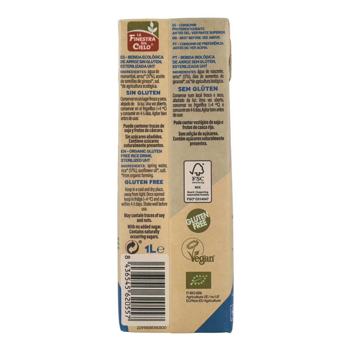 Pack 6 x Bebida de Arroz Sin Gluten La Finestra Sul Cielo 1 L