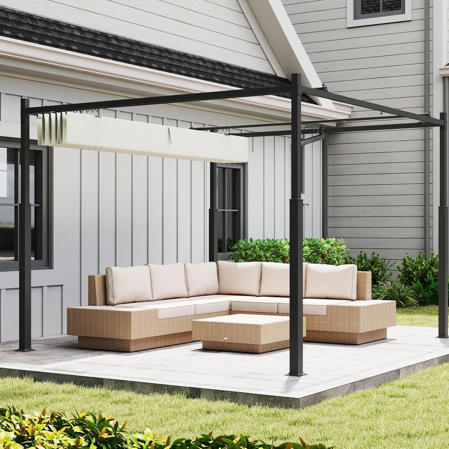 Outsunny Pérgola De Jardín 3x3 M Con Techo Retráctil Y Accesorio Magnético Crema_3