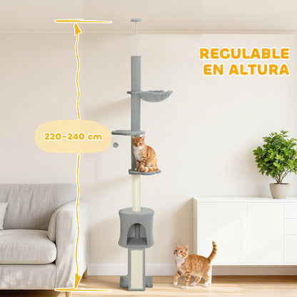 Pawhut Árbol Para Gatos De Suelo A Techo Altura Ajustable 220-240 Cm Gris Claro_3