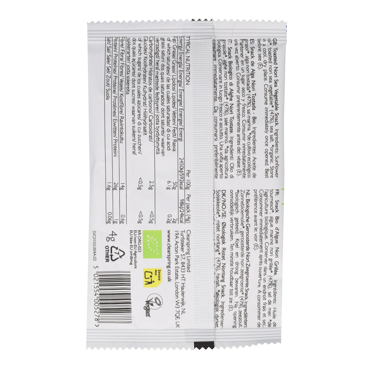 Snack de Alga Nori Tostada Bio Clearspring 4g