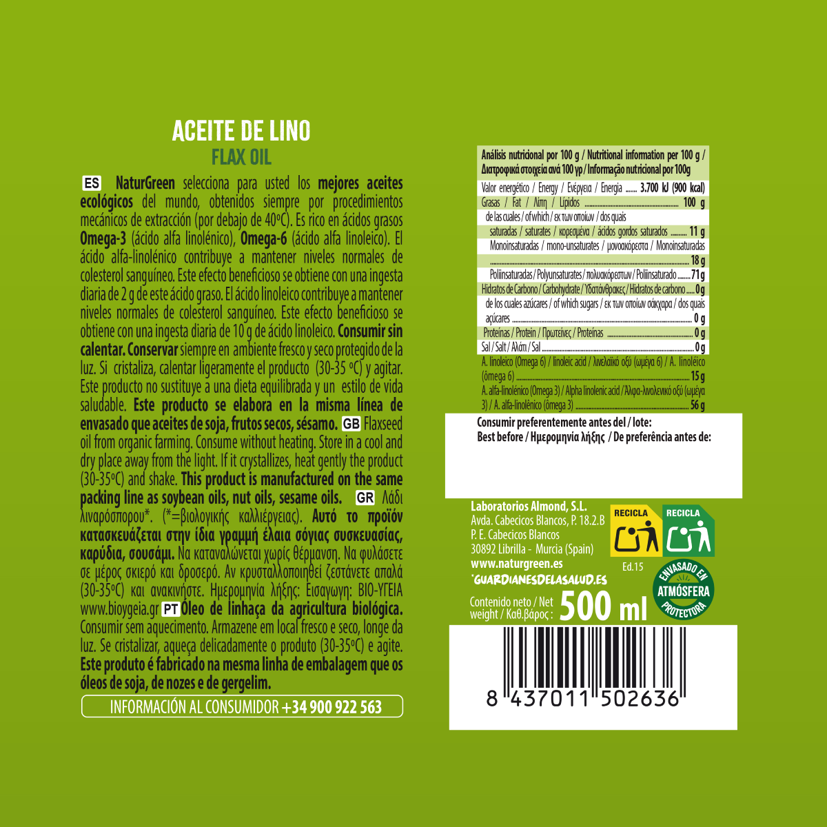 Aceite de Lino BIO NaturGreen 500 ml
