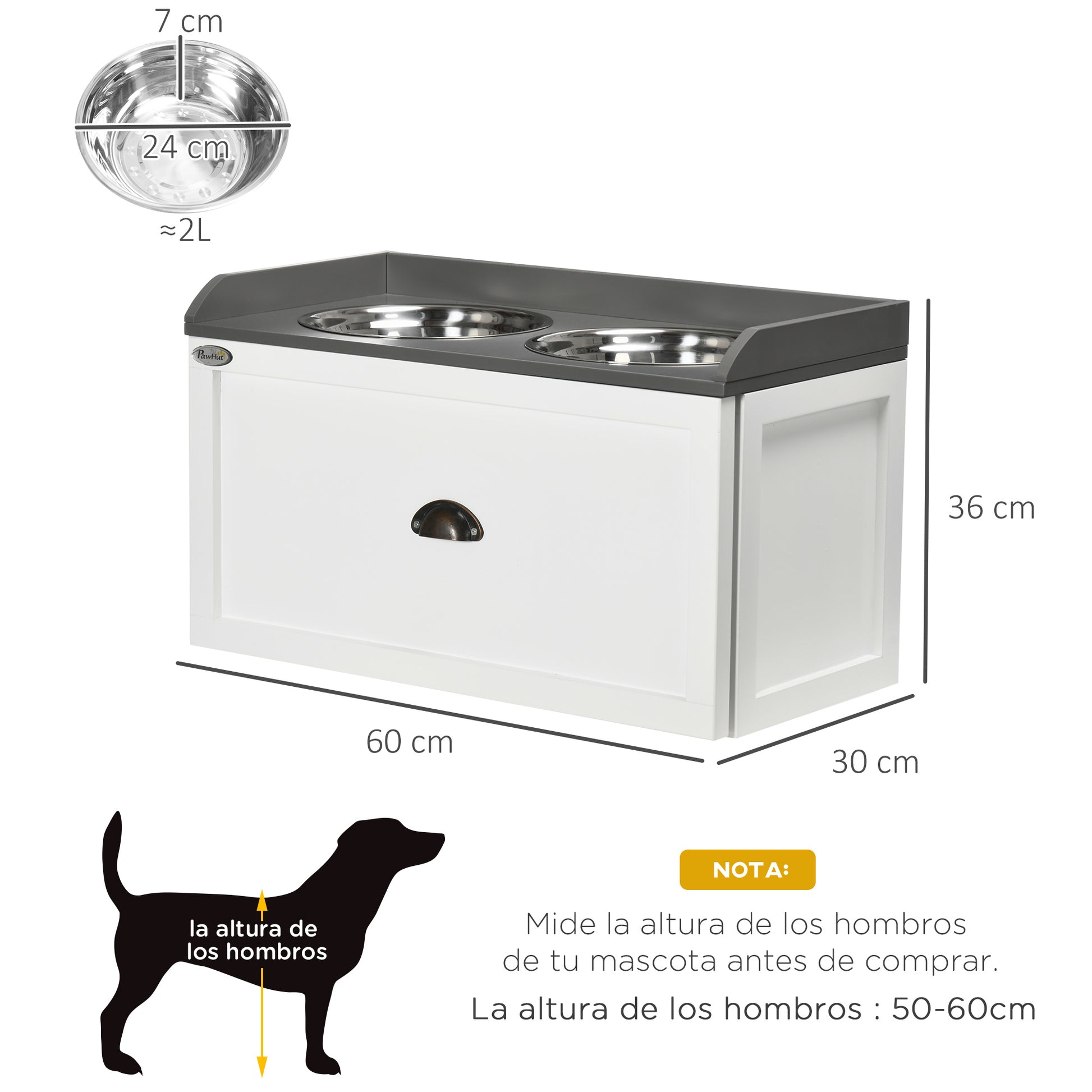 Pawhut Comedero Elevado Para Perros Grandes Con 2 Tazones 60x30x36 Cm Blanco_2