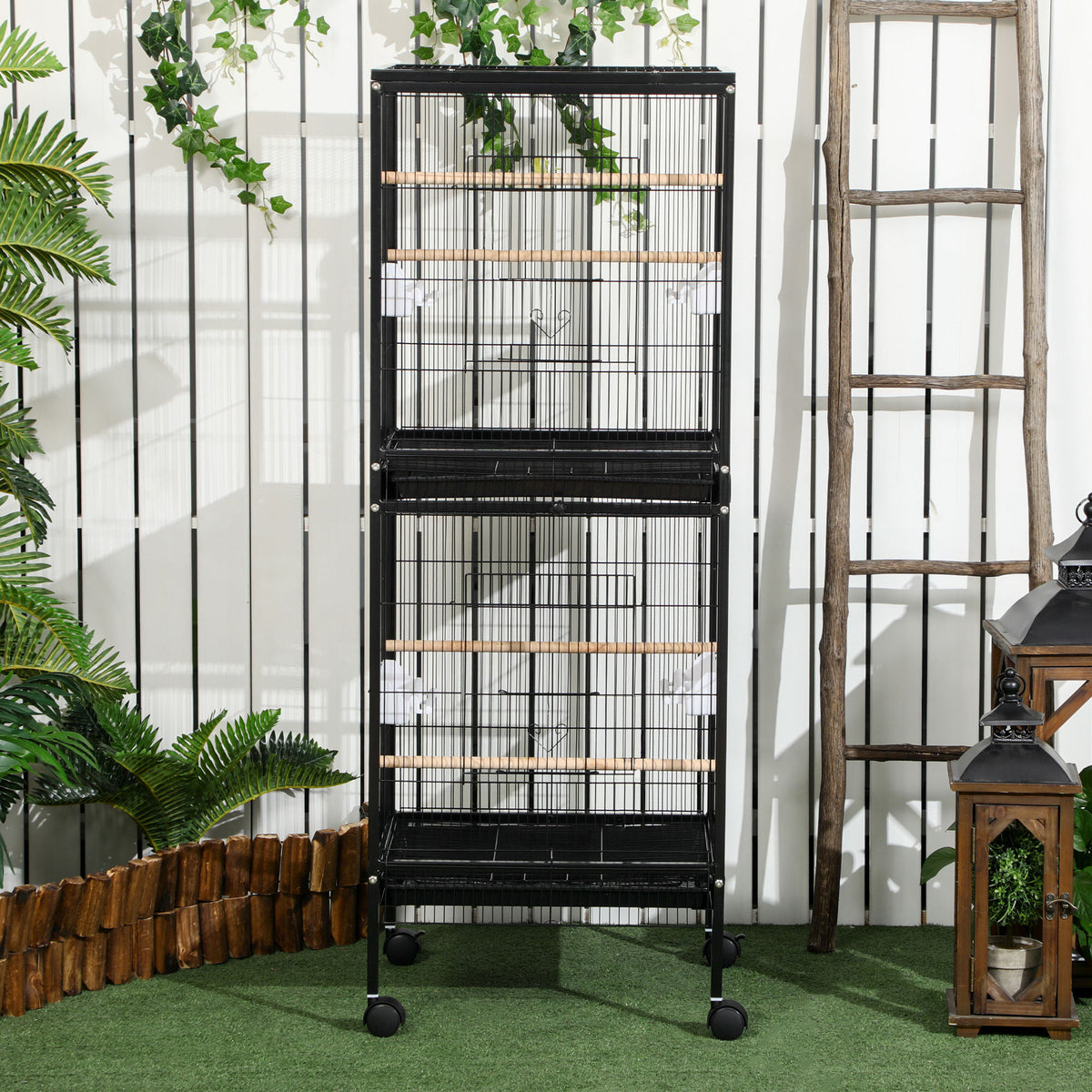 Pawhut Jaula Para Pájaros De 2 Niveles Con Ruedas Bandejas Extraíbles Negro_1