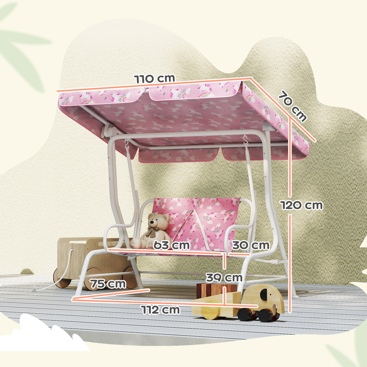 Aiyaplay Columpio Jardín Para Niños De 2 Plazas Toldo Diseño De Unicornio Rosa_2