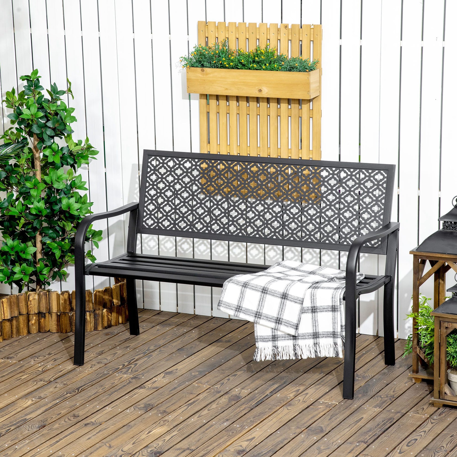 Outsunny Banco De Jardín De Acero 2 Plazas Con Respaldo Decorativo 127x63x83 Cm_1