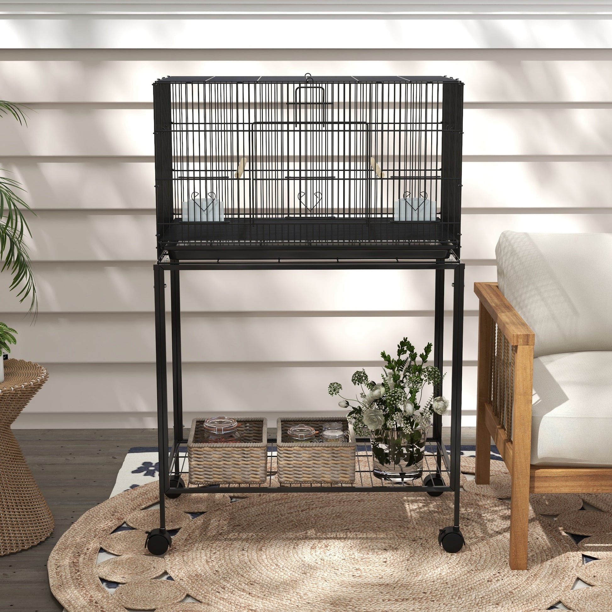Pawhut Jaula Para Pájaros Con Ruedas 77x46x119 Cm Con Bandeja Extraíble Negro_4