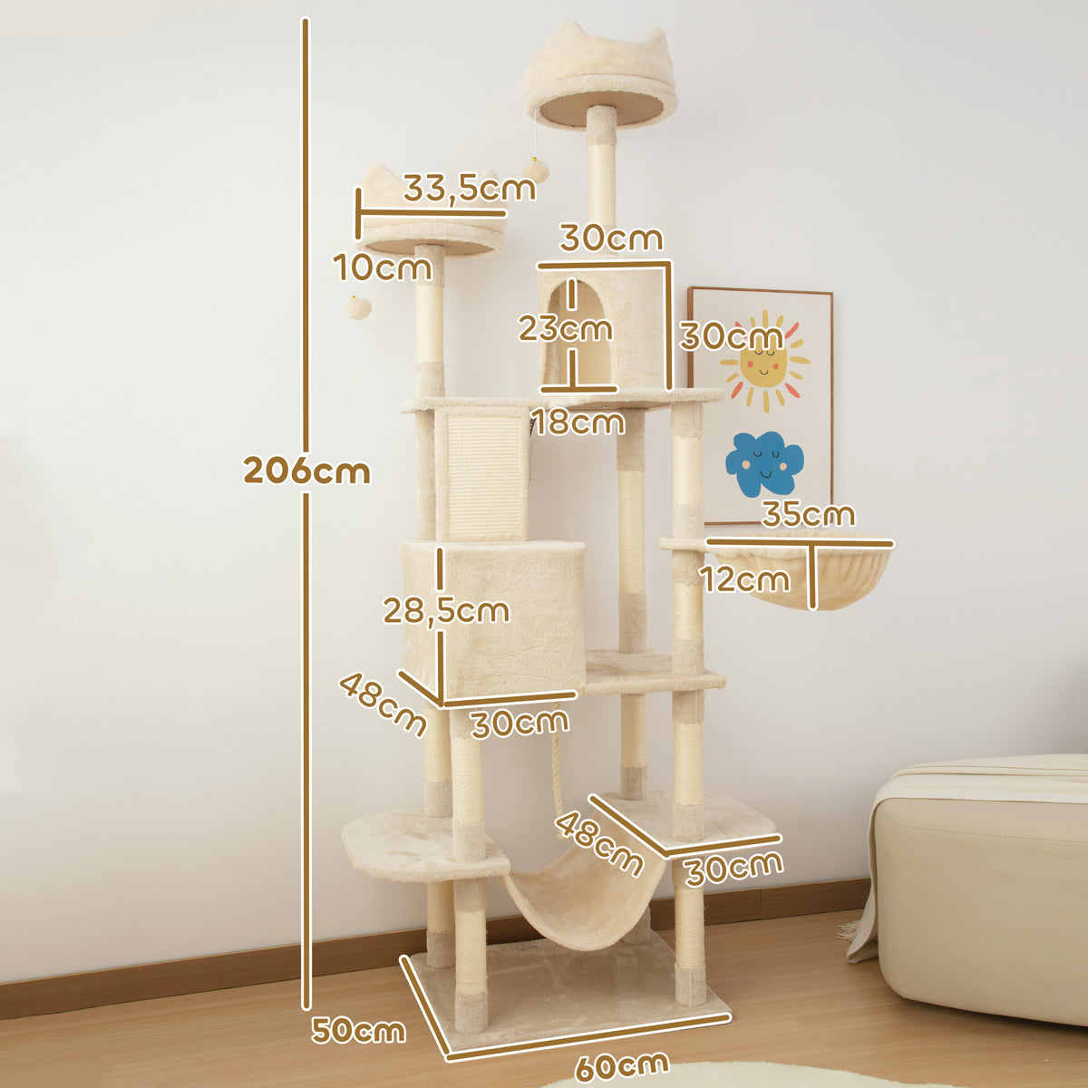 Pawhut Árbol Rascador Para Gatos Grande Altura 206 Cm Con Hamacas Beige_2