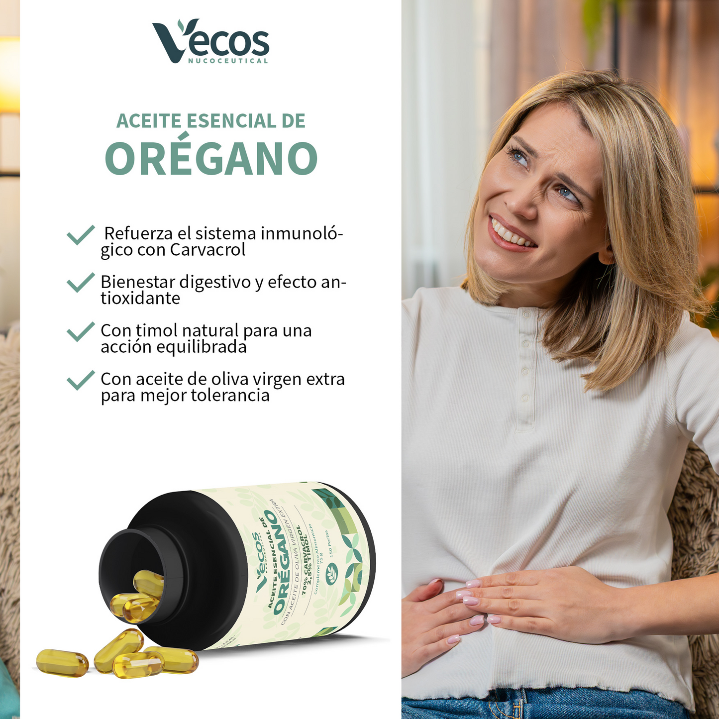 Aceite Esencial De Orégano Vecos 150 Perlas | Bienestar Digestivo E Intestinal | 150 Mg Con Carvacrol_3