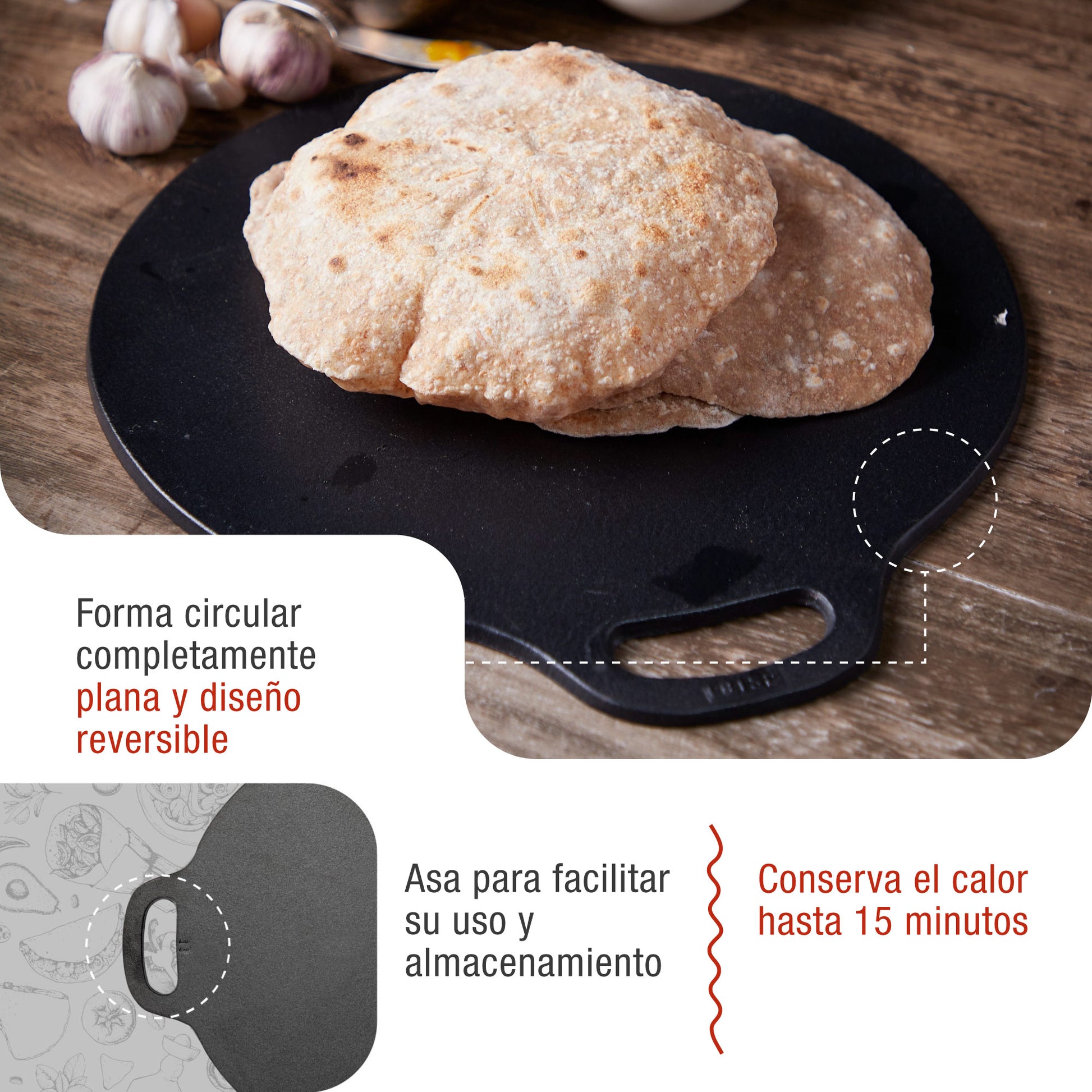 Victoria Plancha Cocina Hierro Fundido Esmaltado Inducción Budare 38cm Pizza, Crepes Para Fuego, Horno, 38526, Negro_2