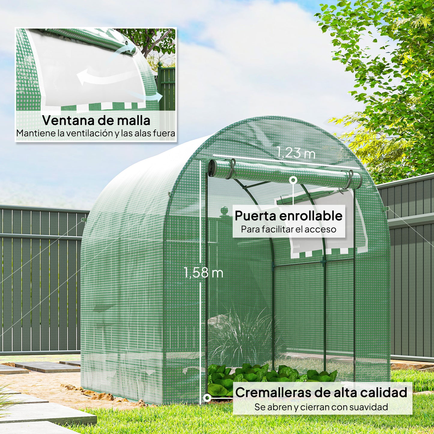 Outsunny Invernadero De Jardín 180x180x200 Cm Puerta Enrollable Ventana De Malla_5