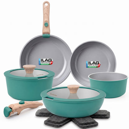 Briebe Nest Batería Cocina Inducción Cerámica Mango Extraíble Apilable, Antiadherente Suizo Ilag, 13 Piezas, 3 Sartenes_0