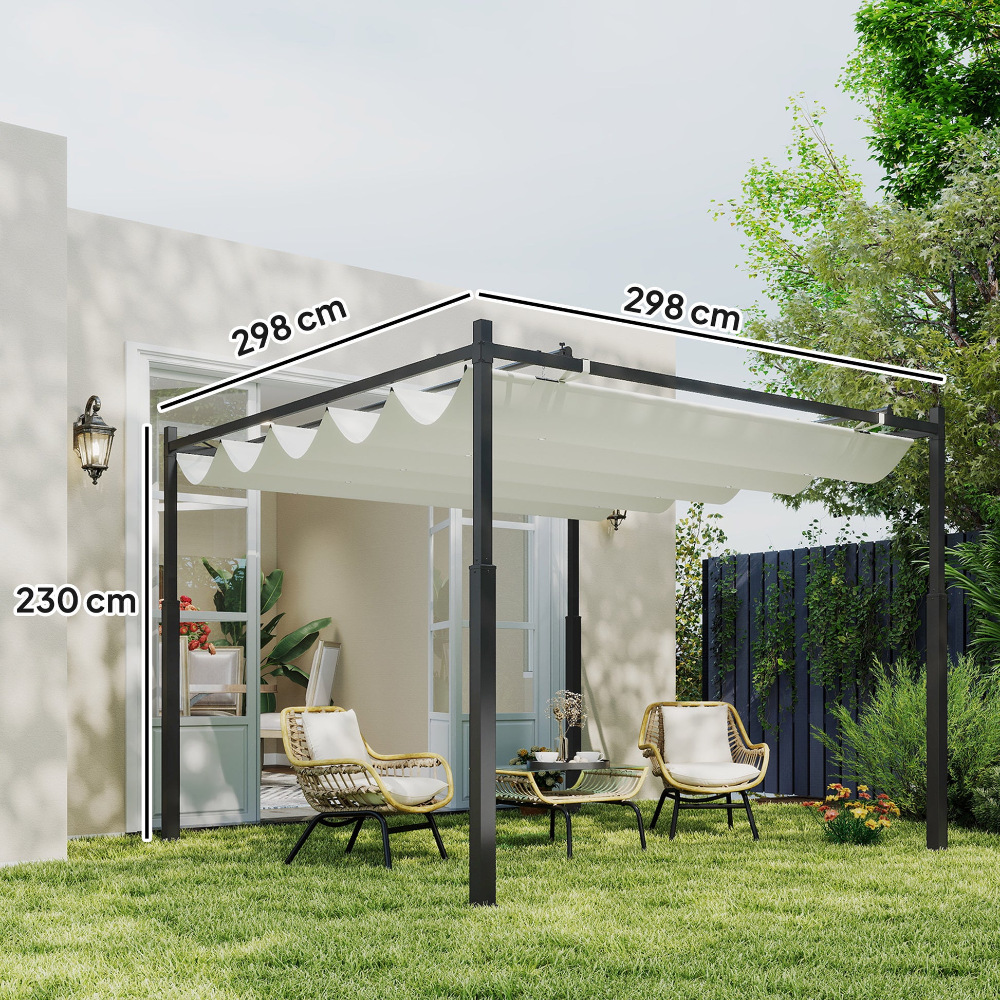 Outsunny Pérgola De Jardín 3x3 M Con Techo Retráctil Y Accesorio Magnético Crema_2
