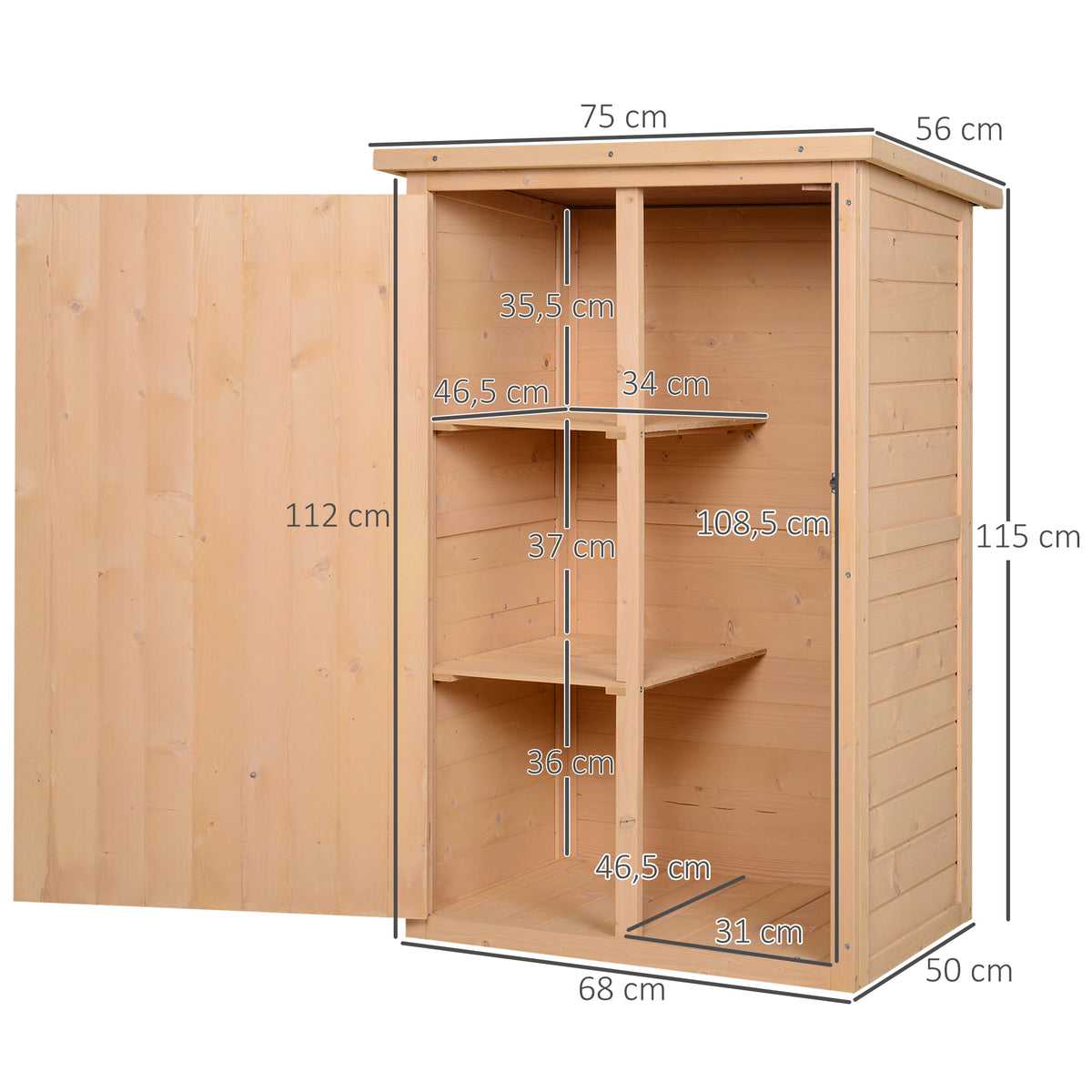 Outsunny Caseta De Jardín De Madera 75x56x115cm Con 3 Estantes Puerta Pestillo_2