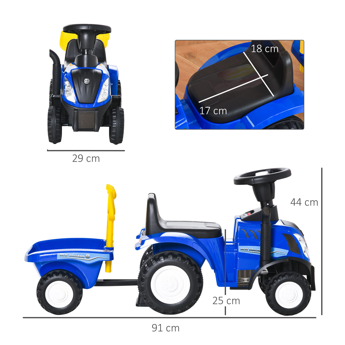 Homcom Tractor Con Remolque Para Niños 12-36 Meses Con Faros Pala Y Rastrillo_2