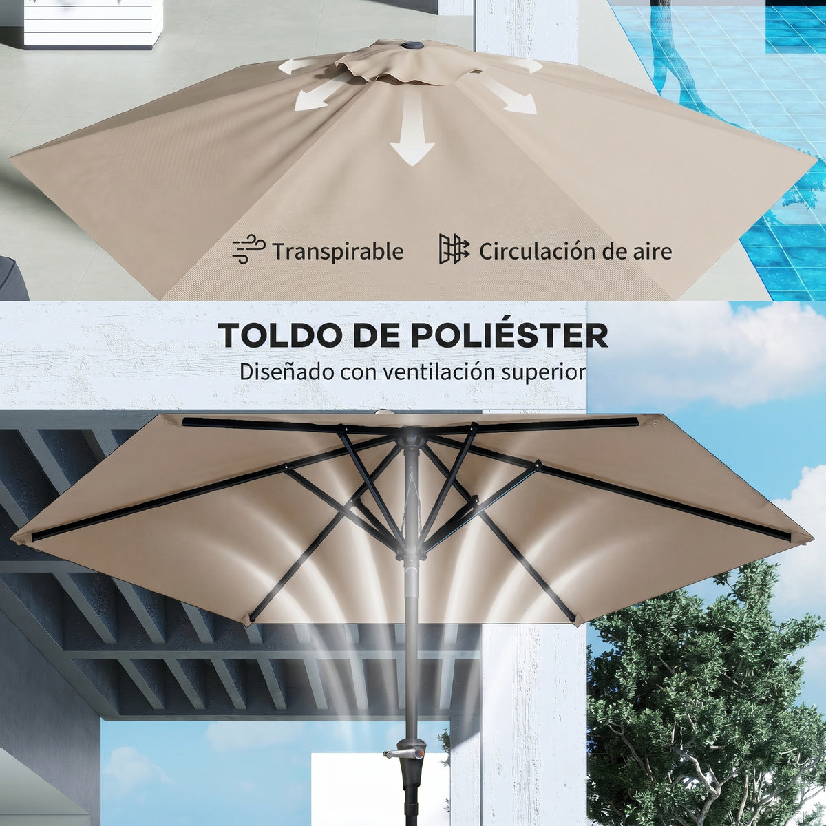 Outsunny Sombrilla De Jardín Ø230x216 Cm Con Techo Basculante Impermeable Caqui_5