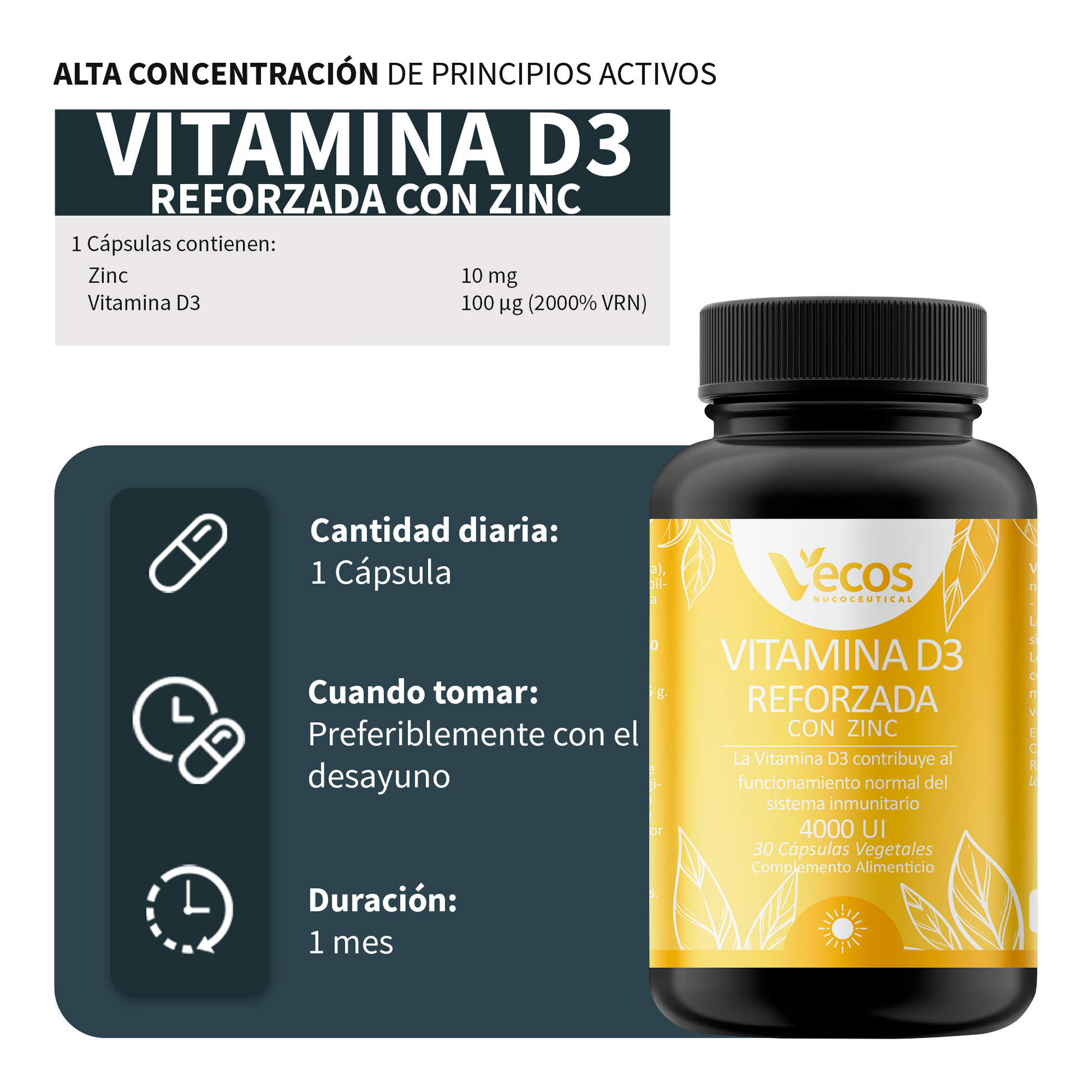Vitamina D3 100 Μg + Zinc Vecos 30 Cápsulas | Sistema Inmunitario Y Huesos_2