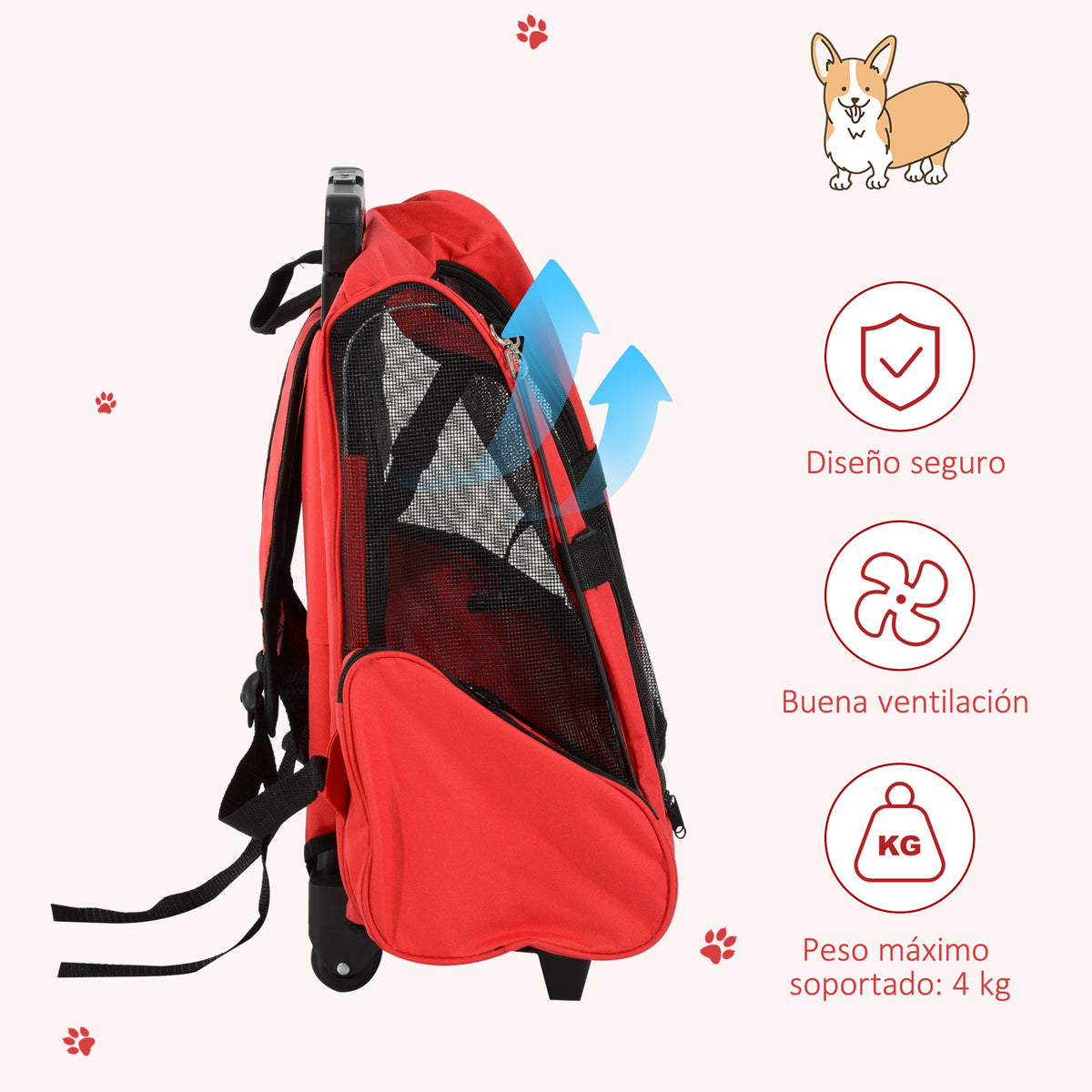 Pawhut Transportín 2 En 1 Para Mascotas Carrito Mochila Ruedas 42x25x55 Cm Rojo_5