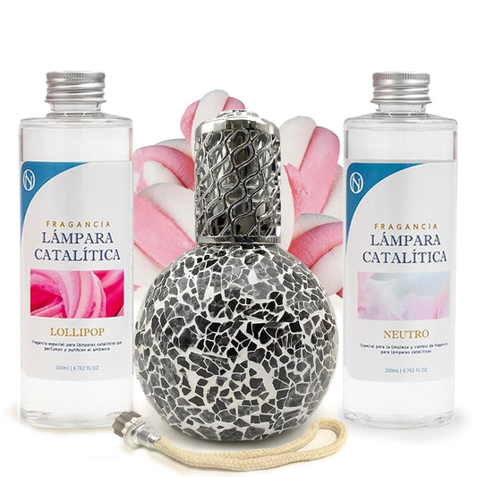 Pack Ahorro Lámpara Catalítica Mosaico Negro + Fragancia Lollipop 200ml + Limpiador Neutro 200ml + Mecha De Repuesto_0