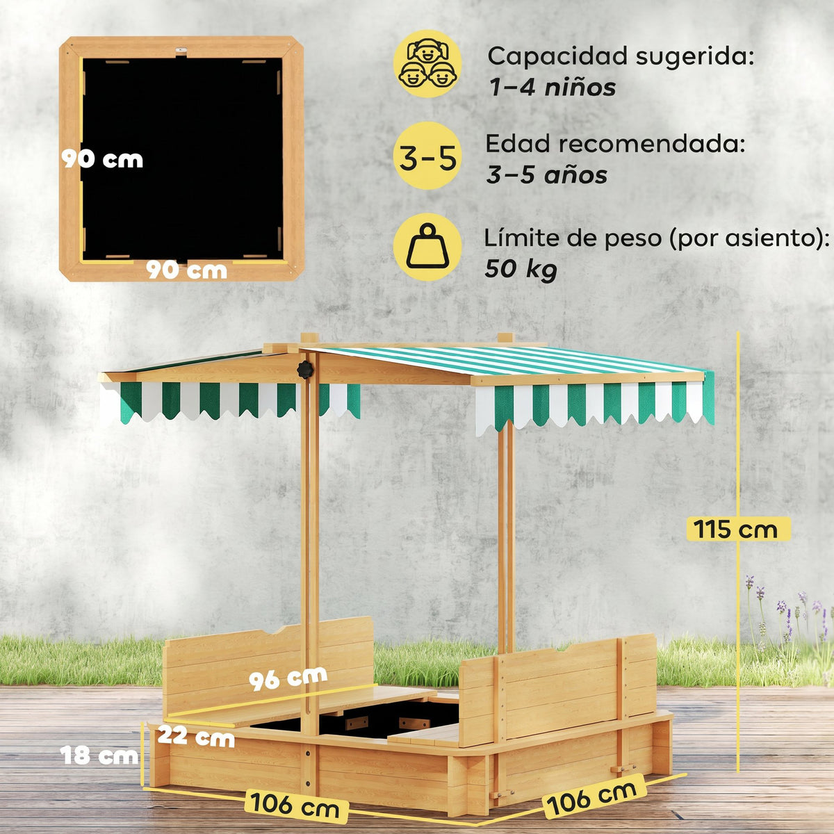 Outsunny Arenero Para Niños De Madera Con Toldo Ajustable 106x106x115 Cm Natural_2