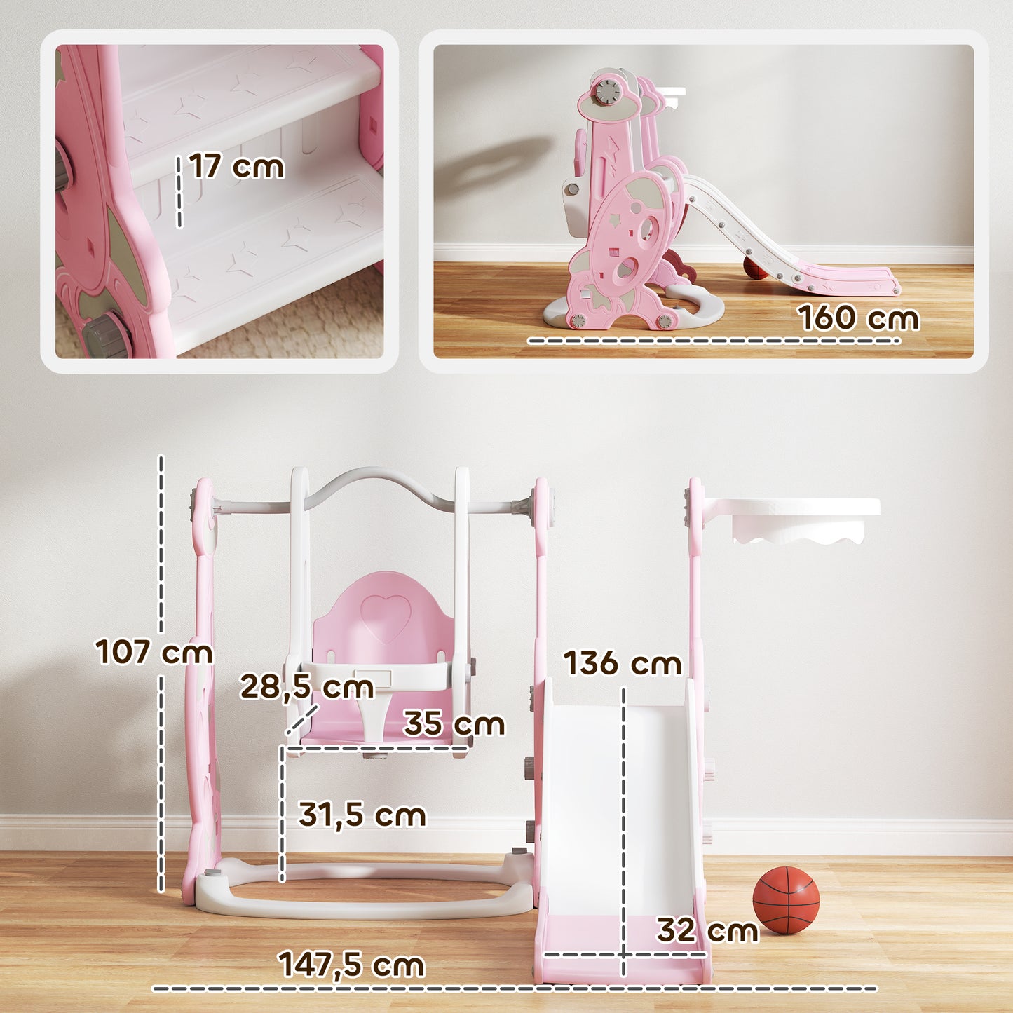 Aiyaplay Tobogán Infantil 4 En 1 Con Columpio Y Tobogán Para Interior Rosa_2