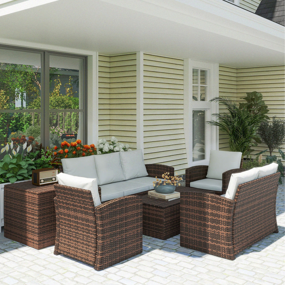 Conjunto De Jardín Outsunny Ratán Pe, Metal Beige 183x72x77 Cm_1
