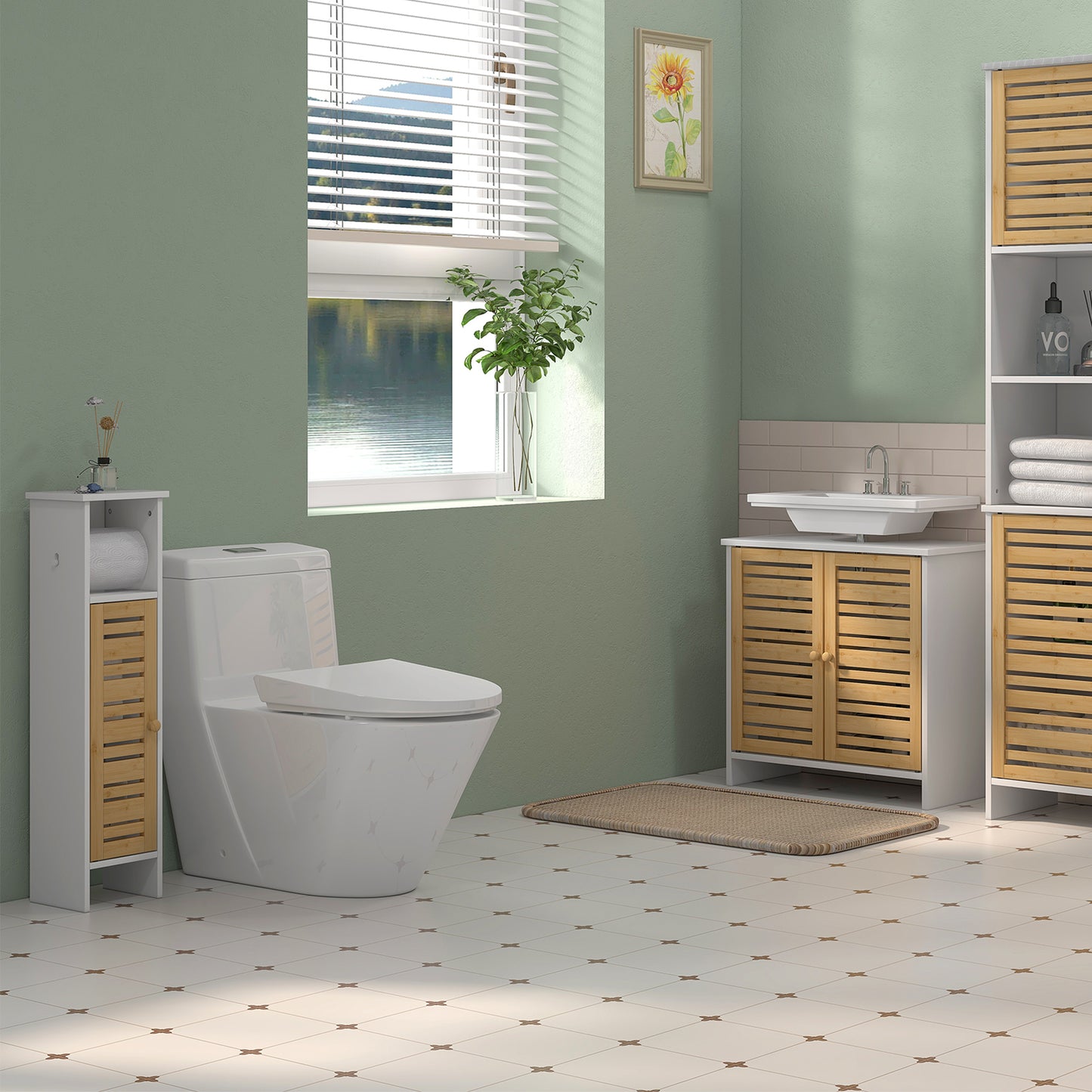 Homcom Conjunto De 1 Mueble Bajo Lavabo Y 1 Columna De Baño Blanco Y Natural_1