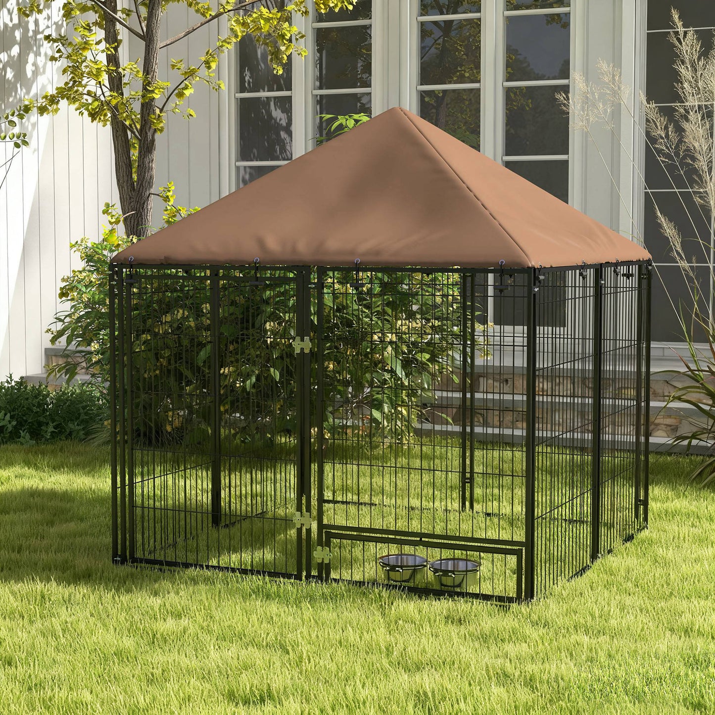 Pawhut Perrera Con Toldo Y 2 Cuencos Para Exterior 141x141x151 Cm Negro_1