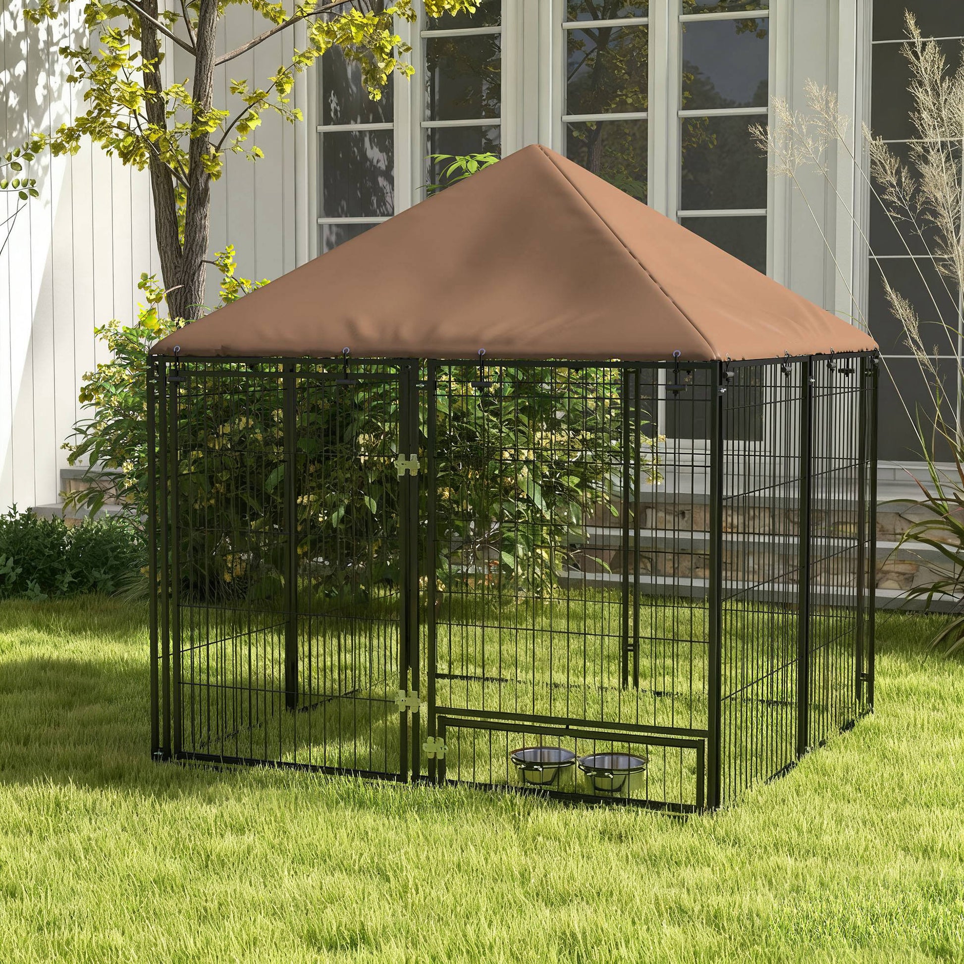 Pawhut Perrera Con Toldo Y 2 Cuencos Para Exterior 141x141x151 Cm Negro_1