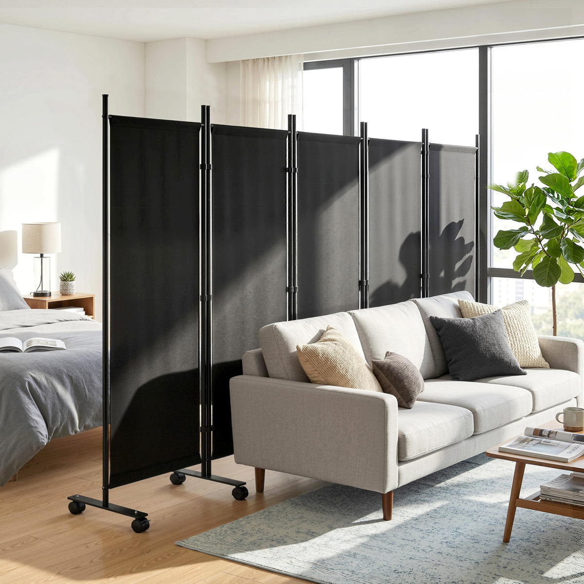 Biombo Plegable Outsunny Acero, Poliéster Negro 252x40x170 Cm_1