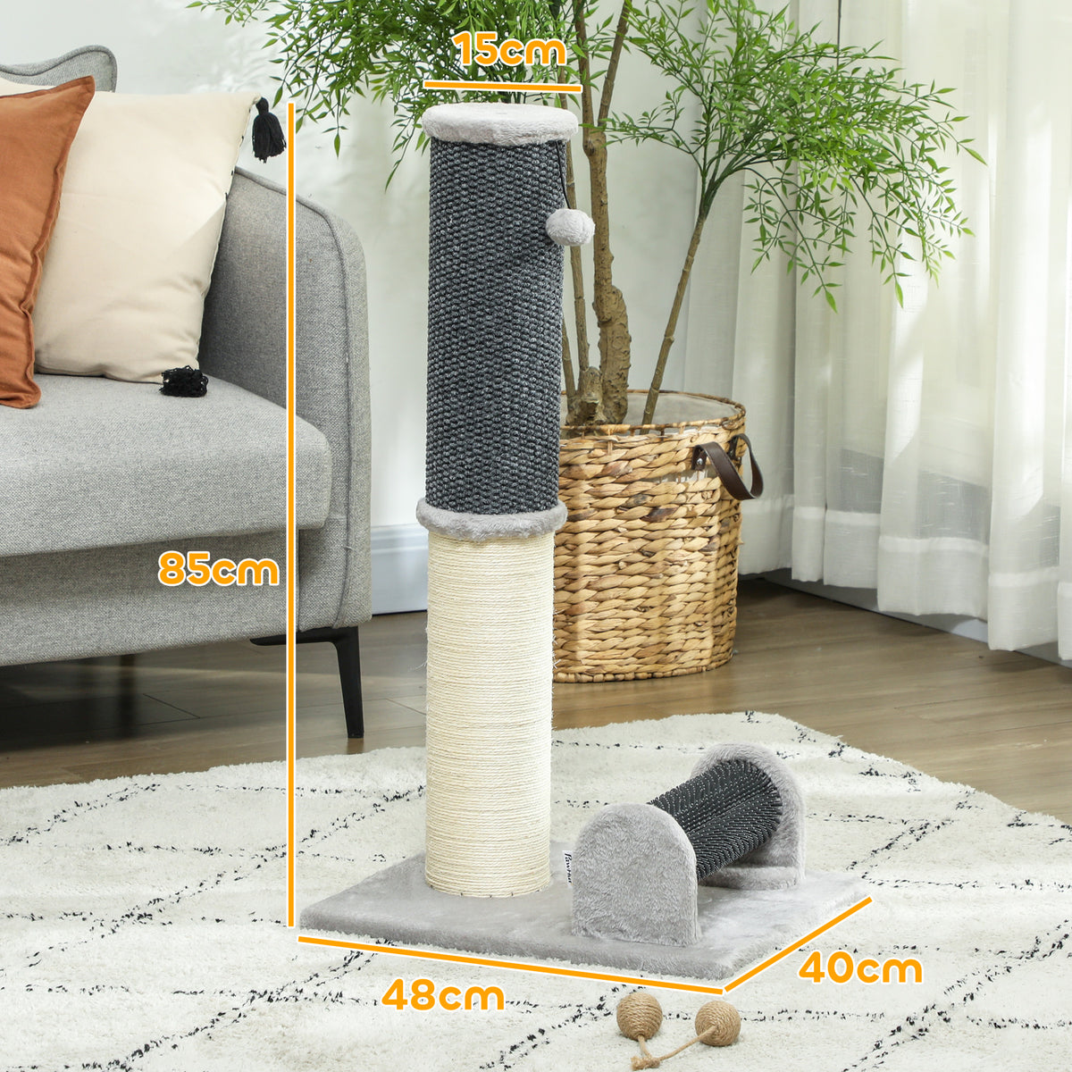 Pawhut Poste Rascador Para Gatos 85 Cm Con Cepillo De Auto Acicalado Gris Crema_2