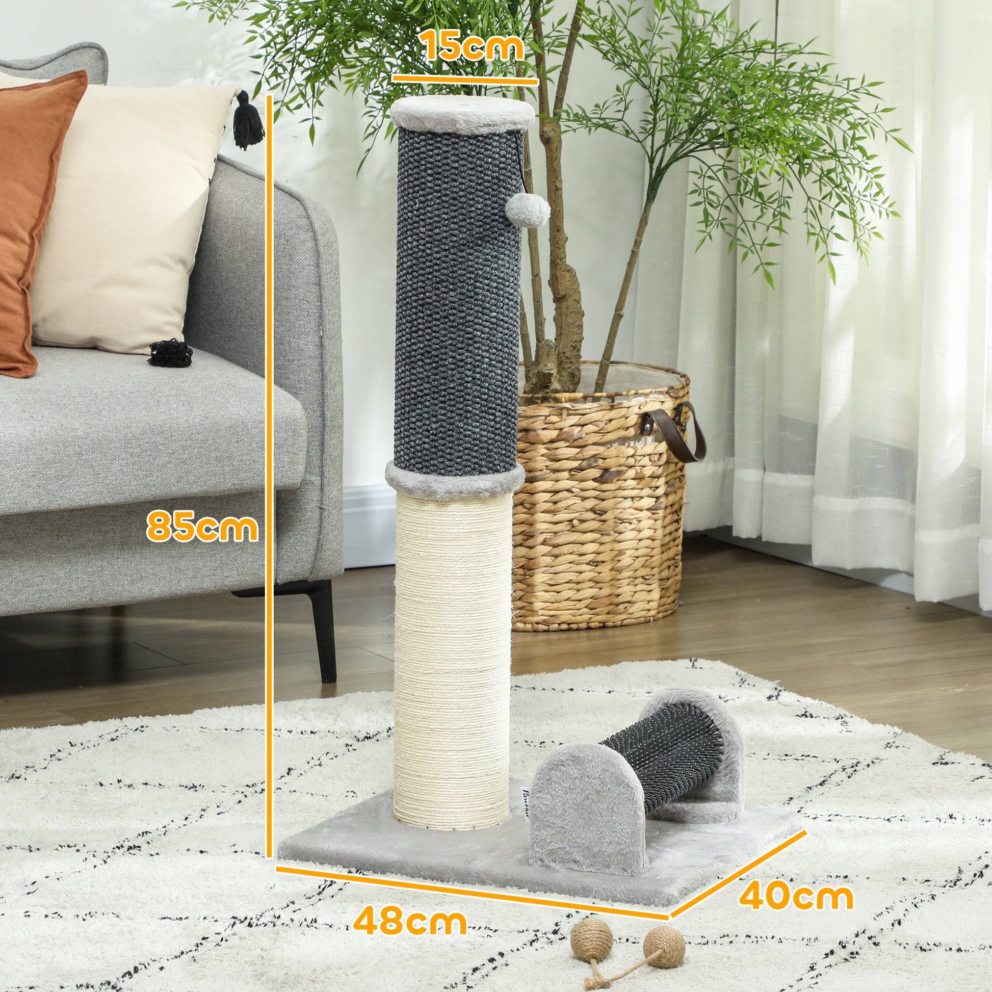 Pawhut Poste Rascador Para Gatos 85 Cm Con Cepillo De Auto Acicalado Gris Crema_2