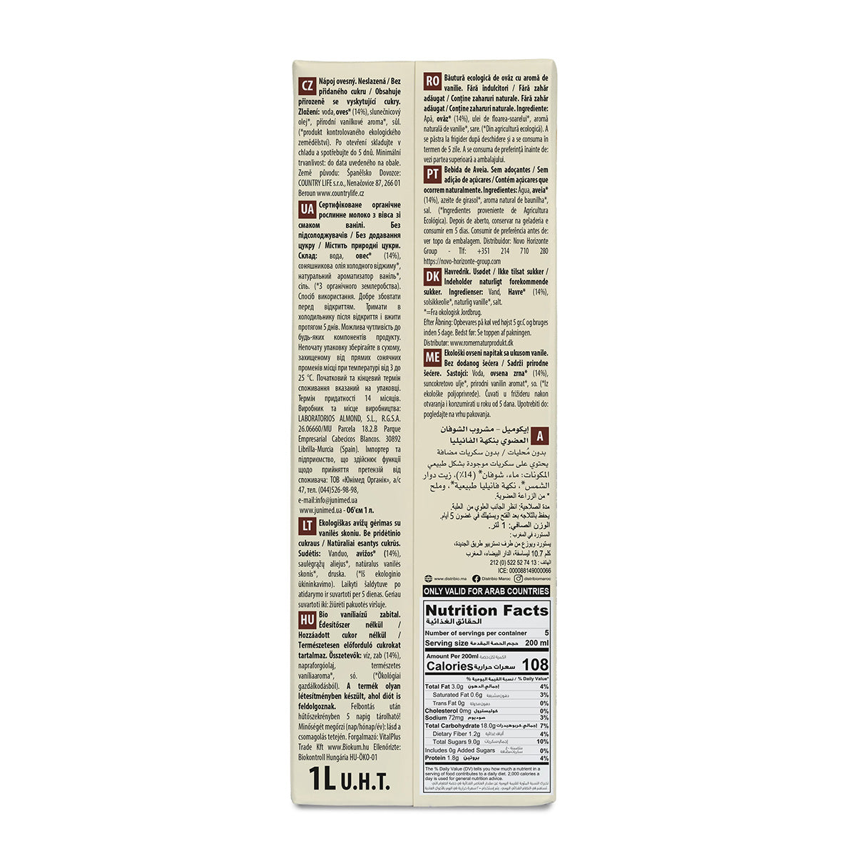 Bebida de Avena Vanilla Sin azúcar Bio Ecomil 1 L