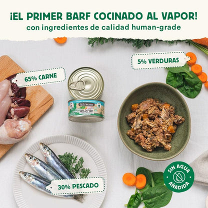 Pack 6x Lata de Pescado y Pavo BARF para gatos 120 g Wild Balance + Regalo: Tapa reutilizable para latas, Wild Balance