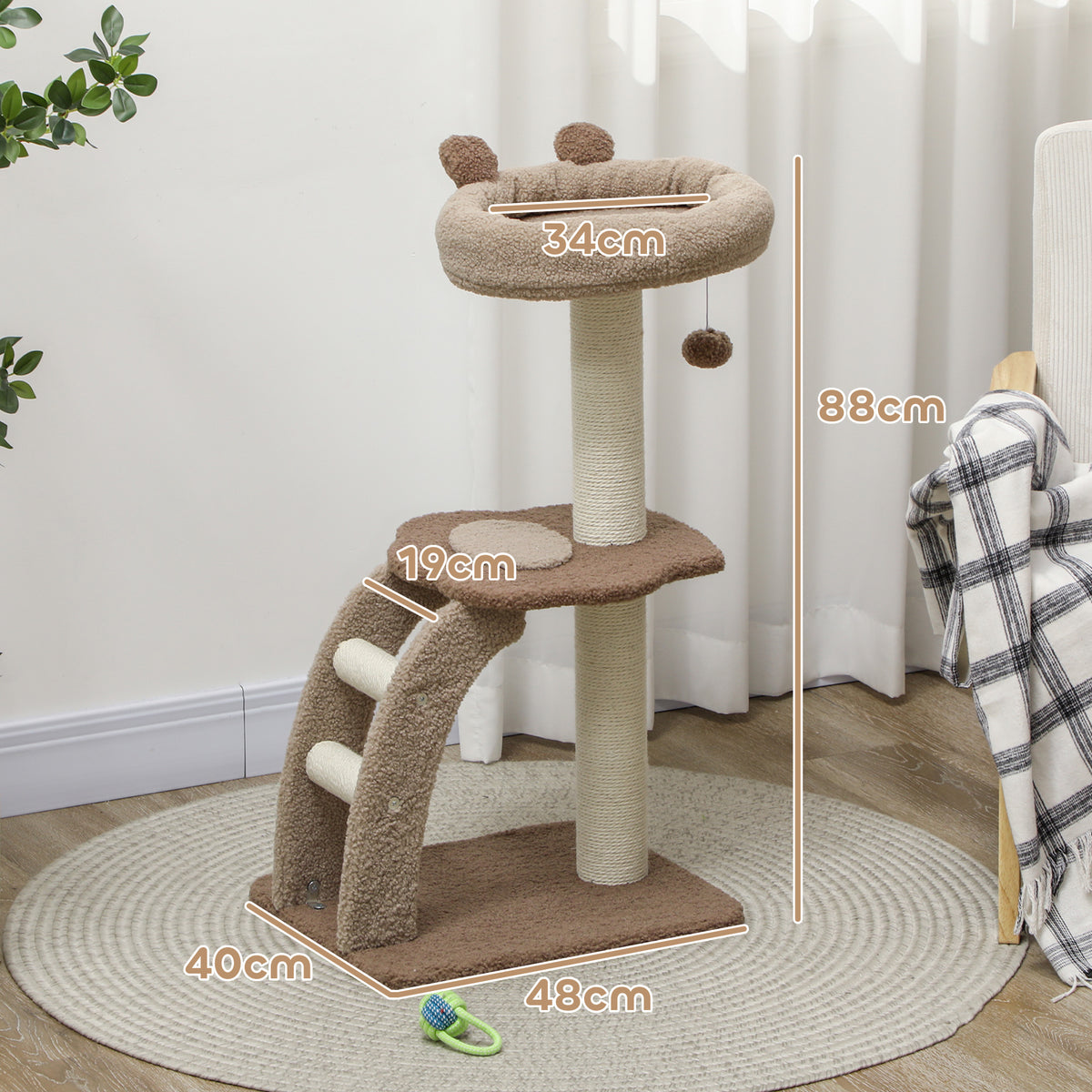 Pawhut Árbol Rascador Para Gatos Altura 88 Cm Con Nido Escalera Café_2