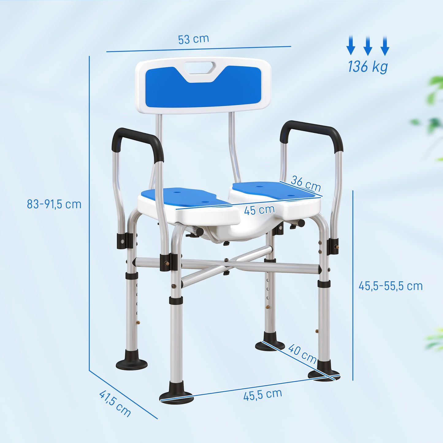 Homcom Silla Ducha Personas Mayores Con Asiento Ranurado Carga 136 Kg Azul_2