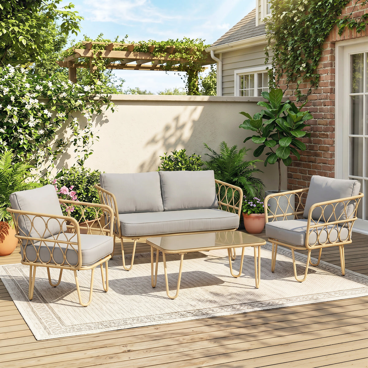 Outsunny Conjunto De Jardín De Ratán Sintético De 4 Piezas Natural Y Gris_1