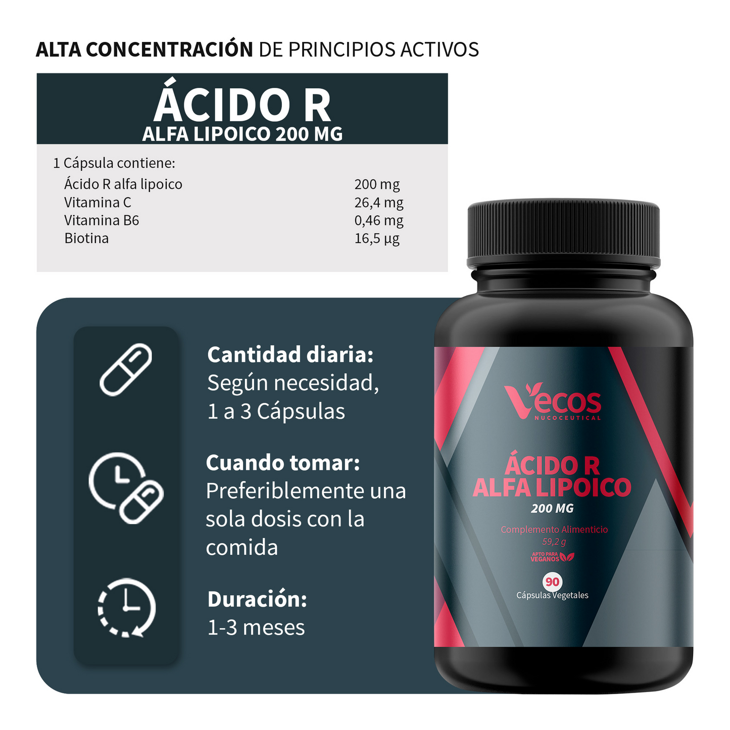 Ácido R Alfa Lipoico 200 Mg Vecos 90 Cápsulas | Antiedad Y Antioxidante Natural | Con Vitamina C + Protector Celular_2