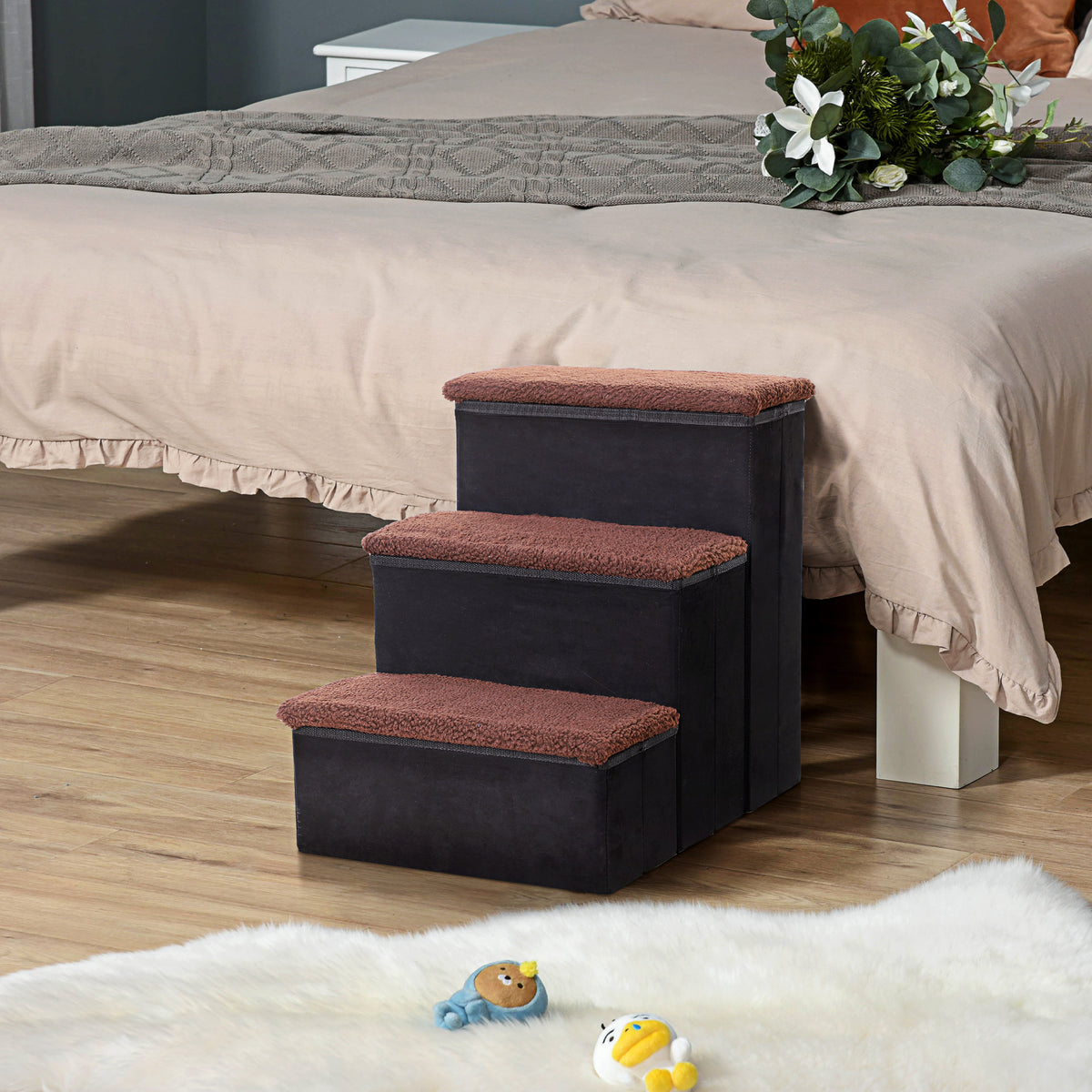 Escalera Para Mascotas 3 Peldaños Plegable Con Tapas Abatibles 40x54x48cm Negro_1