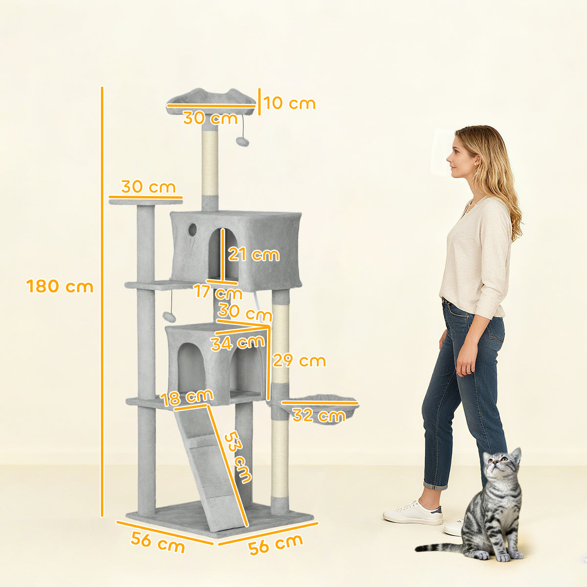 Pawhut Árbol Rascador Para Gatos 180 Cm Con Múltiples Plataformas Gris Claro_2