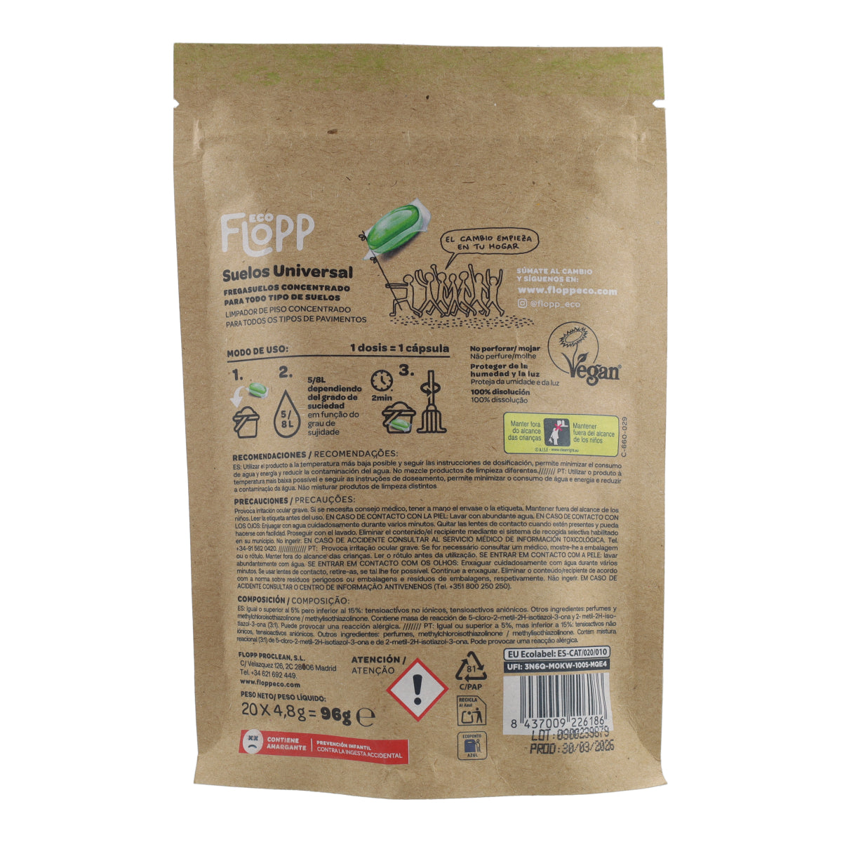 Limpia Suelos Universal BIO Eco Pack Flopp, 20 cápsulas