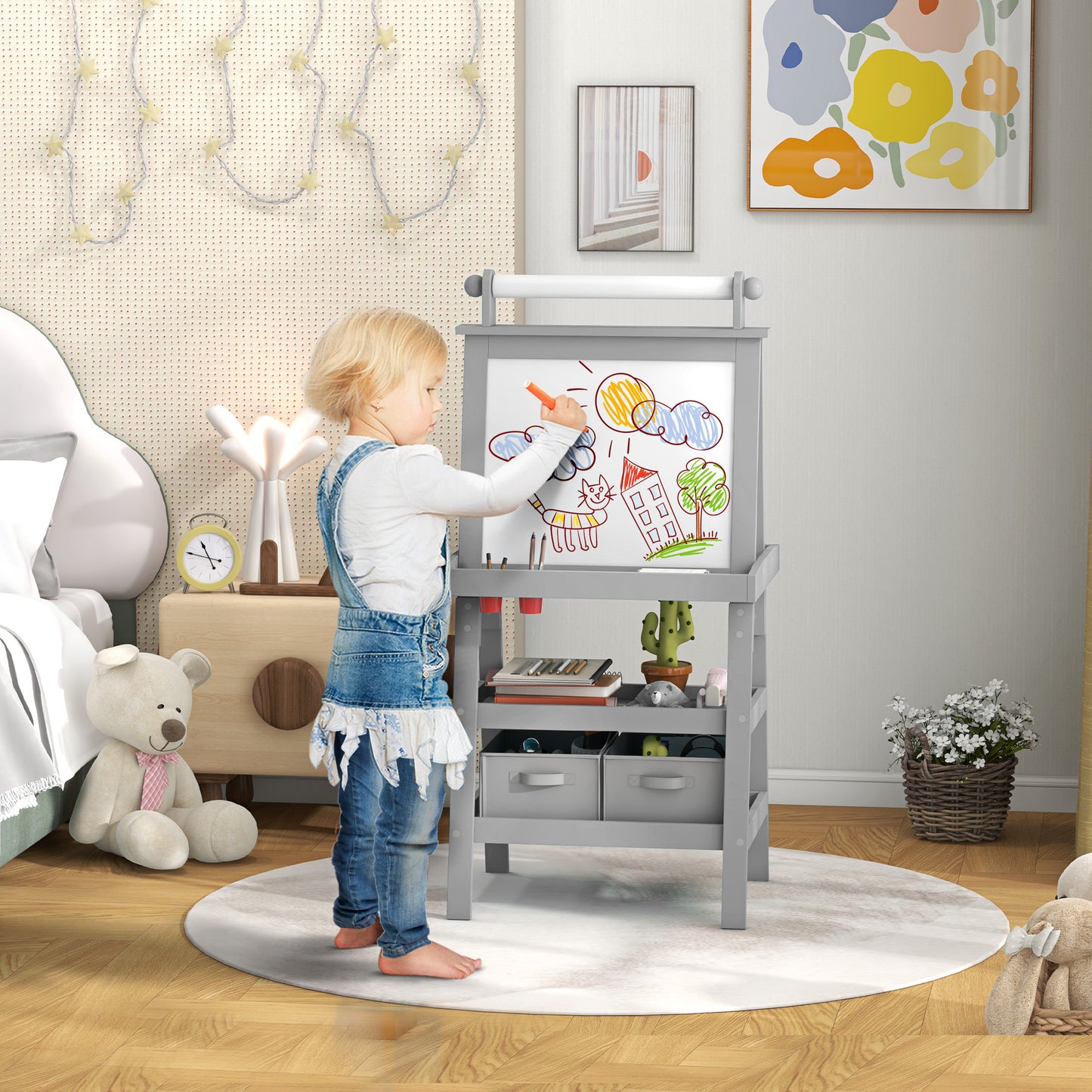 Aiyaplay Pizarra Infantil 3 En 1 Con Rollo De Papel Y Cestas De Almacenaje Gris_1