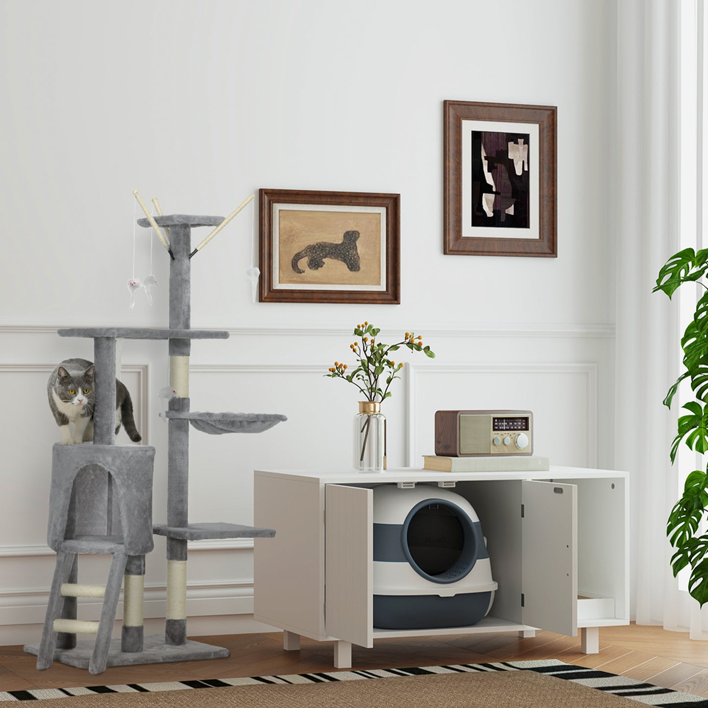 Pawhut Arenero Para Gatos Cubierto Plegable Con Pala 52x41x38 Cm Blanco Y Gris_4