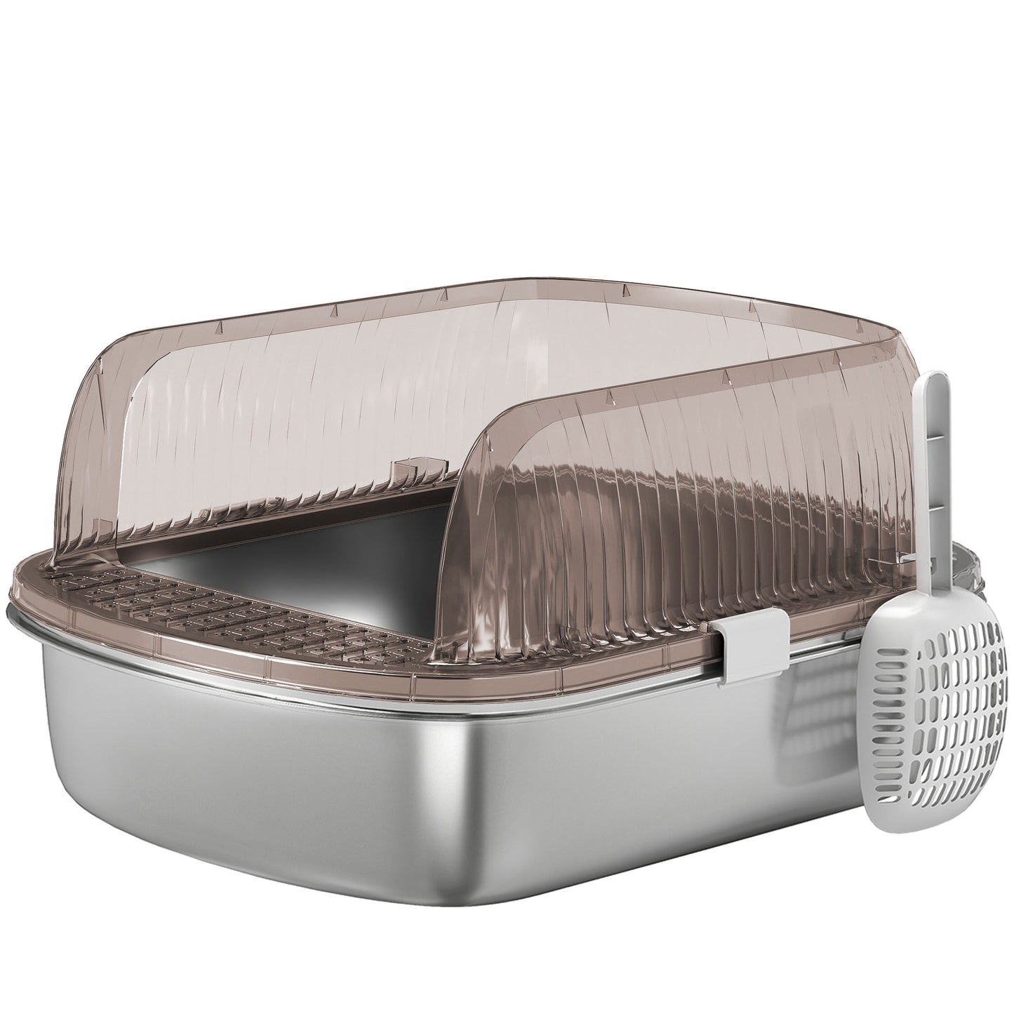 Pawhut Arenero Para Gatos Cubierto Con Bandeja De Acero Bordes Altos Y Pala Gris_0